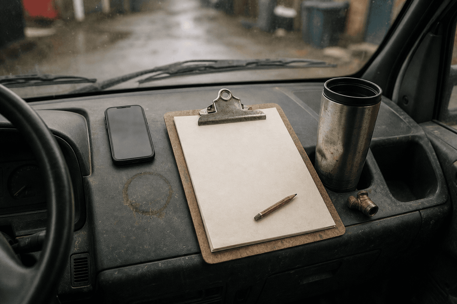 A phone, a clipboard and a travel mug on the dashboard of a work van
